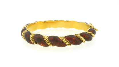 18K Yellow Gold Twist Bangle With Burgundy Enamel