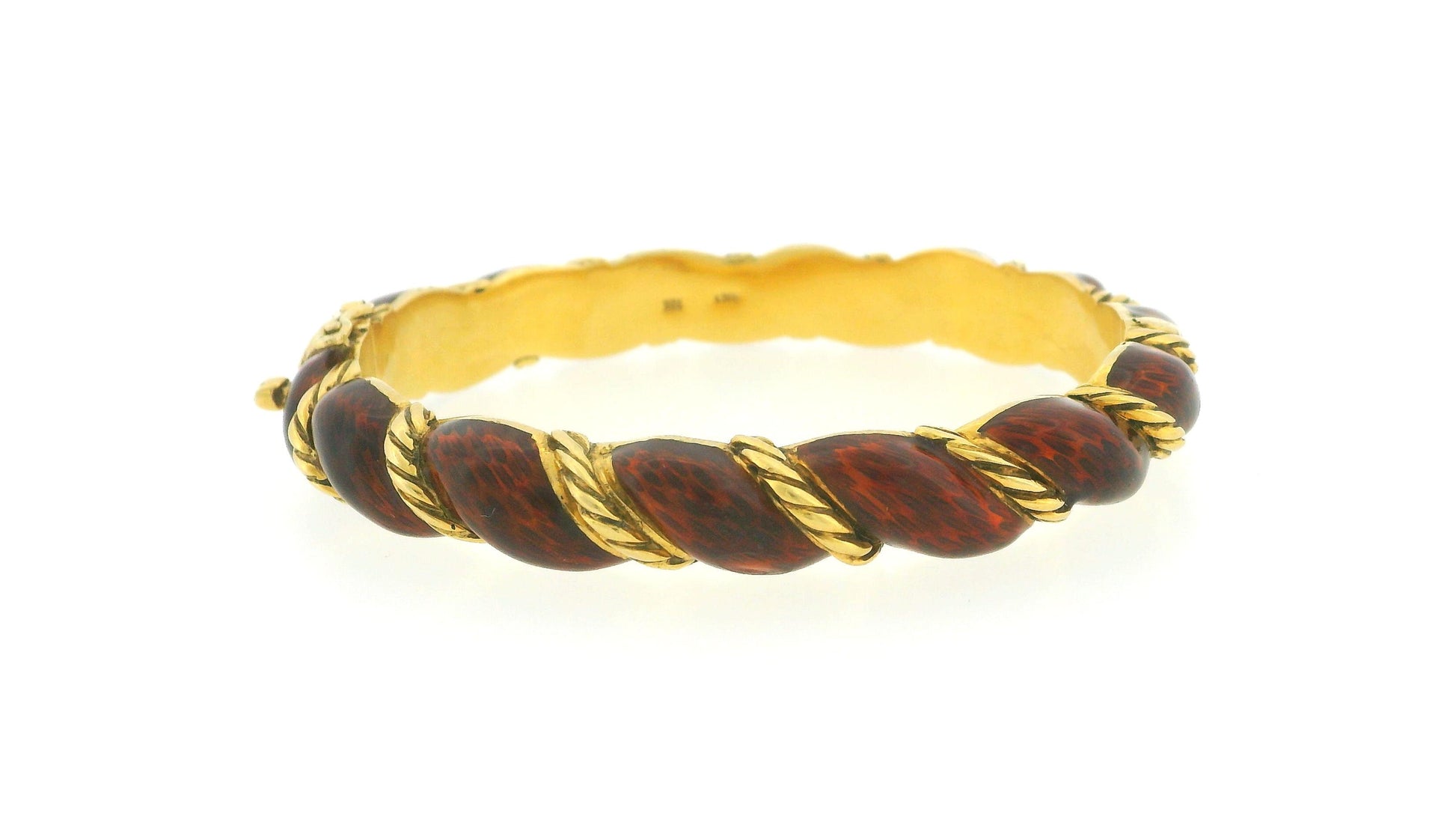 18K Yellow Gold Twist Bangle With Burgundy Enamel
