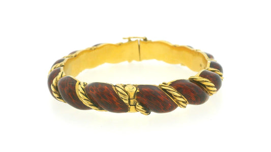 18K Yellow Gold Twist Bangle With Burgundy Enamel