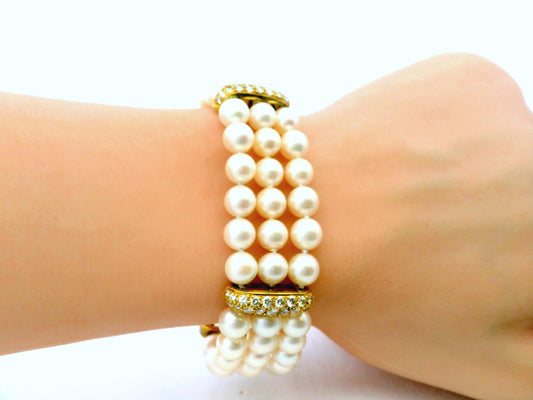 Honora triple strand pearl Bracelet with 4 pave stations 3.28