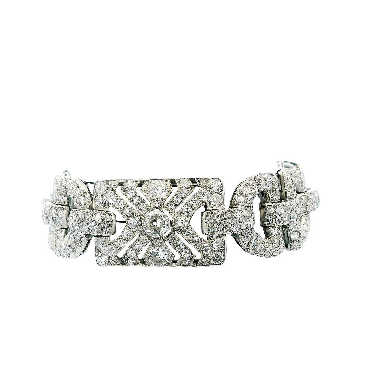 Stirrup Shapes Art-Deco Wide 17ct Diamond French Platinum Bracelet
