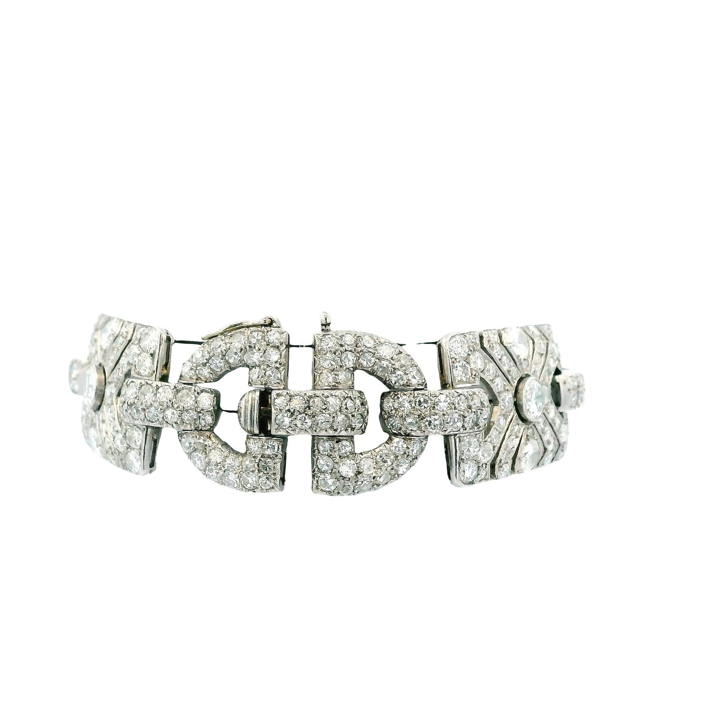 Stirrup Shapes Art-Deco Wide 17ct Diamond French Platinum Bracelet