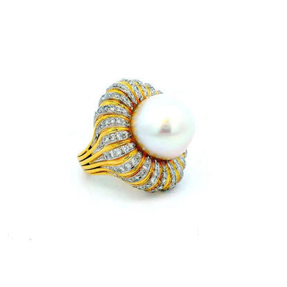 18K Yellow Gold Pave & Baroque Pearl Ring