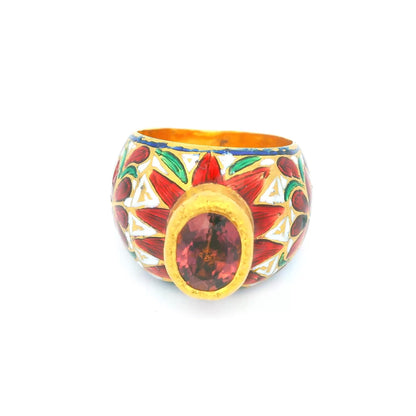 22K Gold Indian Ring W/Tourmaline & Enamel