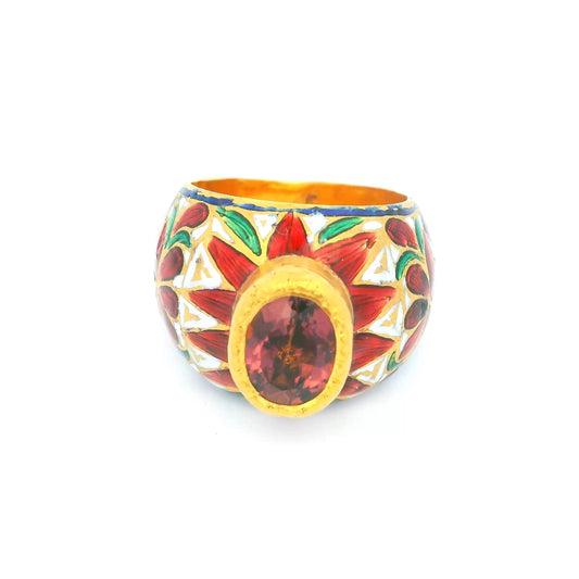 22K Gold Indian Ring W/Tourmaline & Enamel