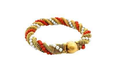 18k Yellow Gold Twist Bracelet With Coral & Pearl