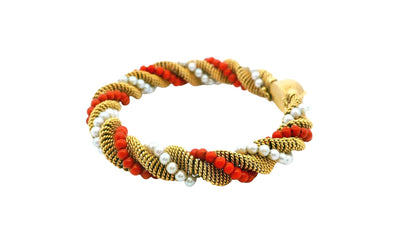 18k Yellow Gold Twist Bracelet With Coral & Pearl