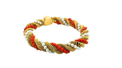 18k Yellow Gold Twist Bracelet With Coral & Pearl