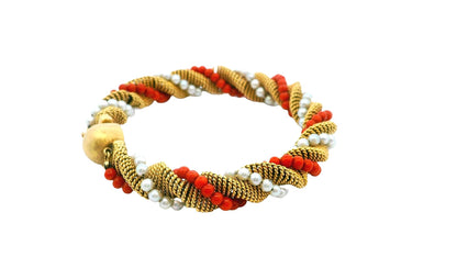 18k Yellow Gold Twist Bracelet With Coral & Pearl