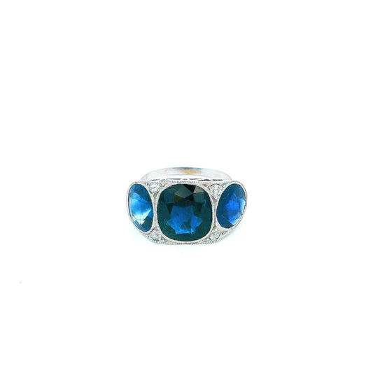 Antique Platinum Ring W/ 3 Blue Sapphire