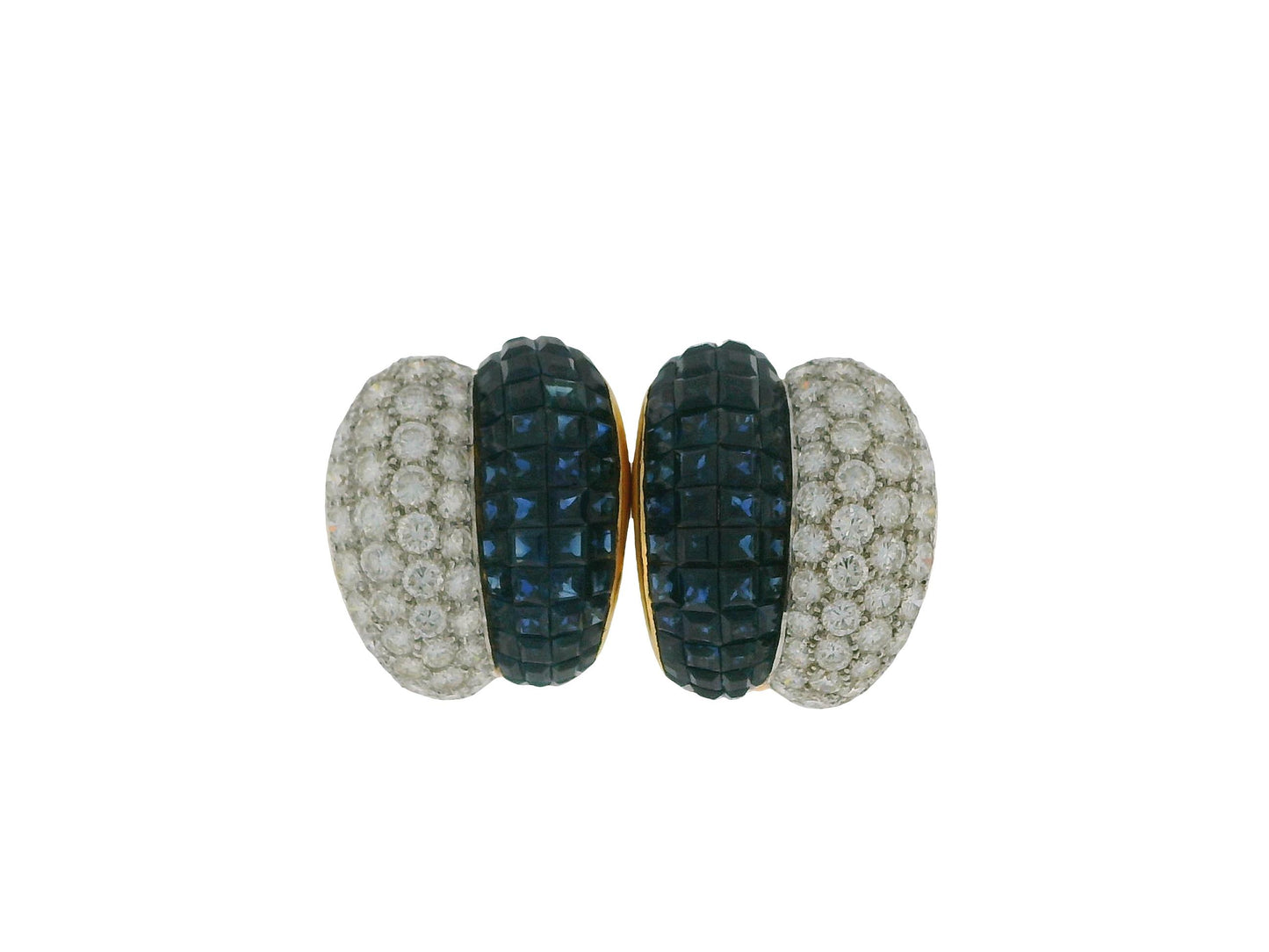 18K Yellow Gold Diamond and Blue Sapphire Invisibility Set Earrings
