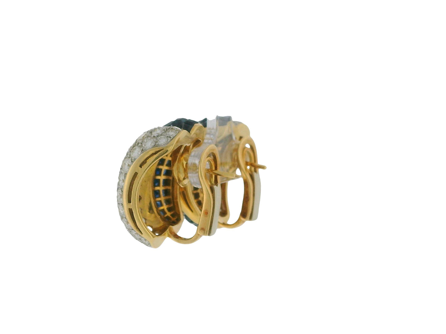 18K Yellow Gold Diamond and Blue Sapphire Invisibility Set Earrings