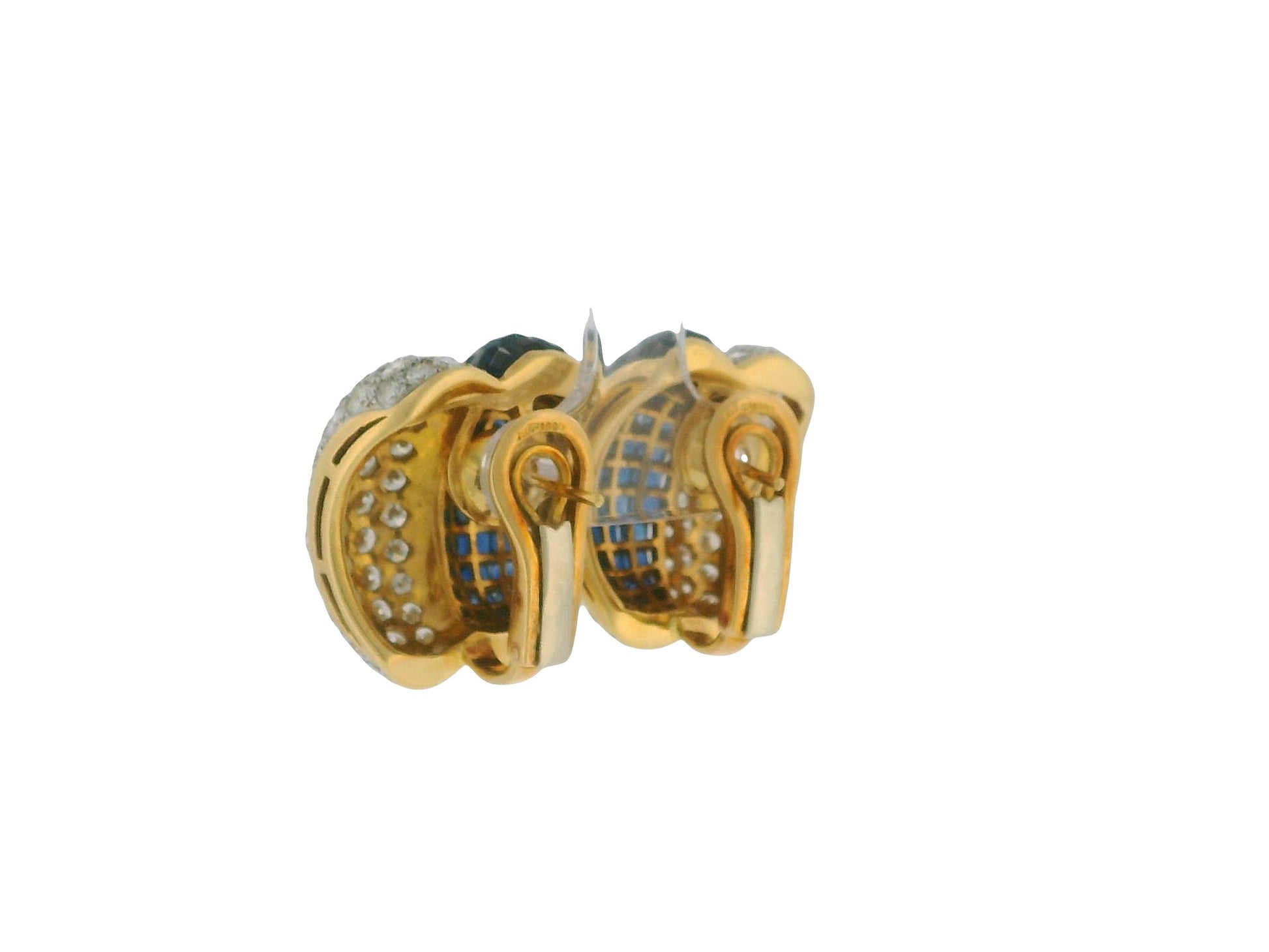 18K Yellow Gold Diamond and Blue Sapphire Invisibility Set Earrings