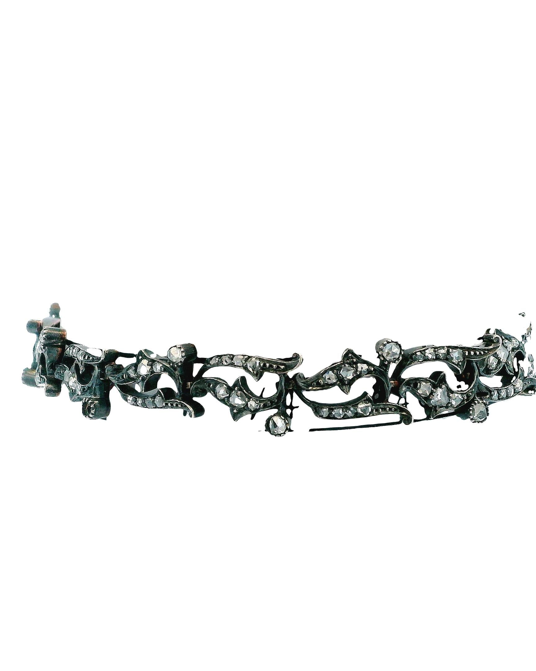 Antique French Bracelet 18K Rose Gold & Silver W/Diamond Link