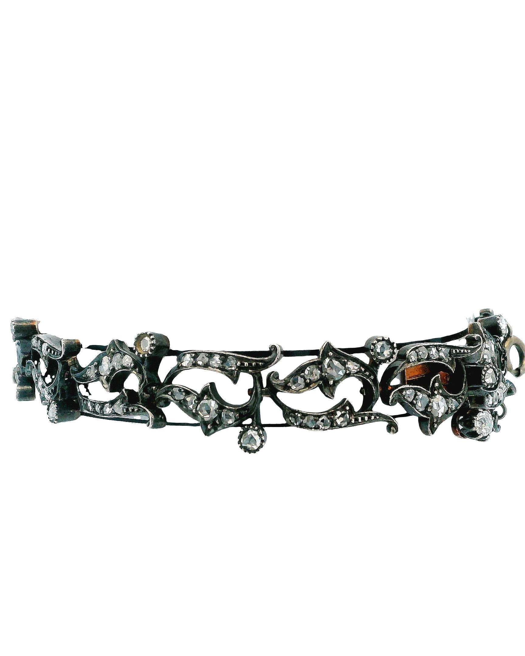 Antique French Bracelet 18K Rose Gold & Silver W/Diamond Link