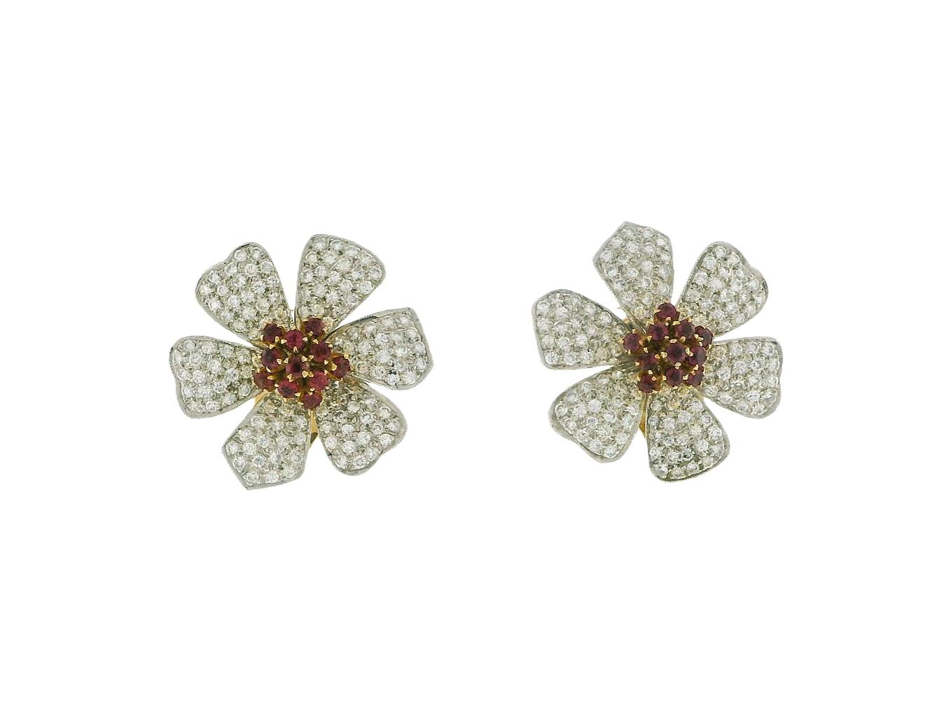 White Gold Flower Pave Ruby Design Earrings with Yellow Gold Clip-On