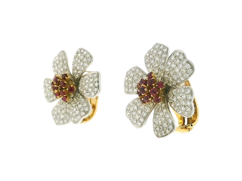 White Gold Flower Pave Ruby Design Earrings with Yellow Gold Clip-On