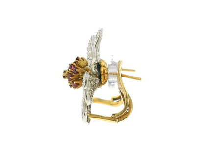 White Gold Flower Pave Ruby Design Earrings with Yellow Gold Clip-On