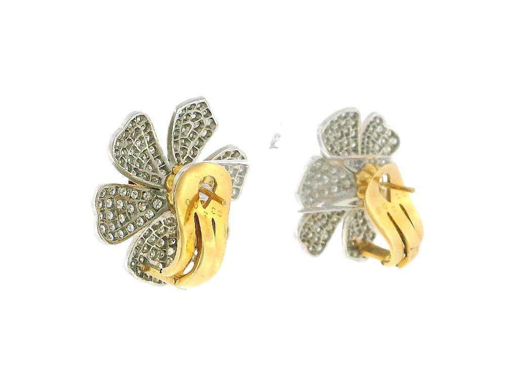 White Gold Flower Pave Ruby Design Earrings with Yellow Gold Clip-On