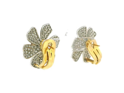 White Gold Flower Pave Ruby Design Earrings with Yellow Gold Clip-On