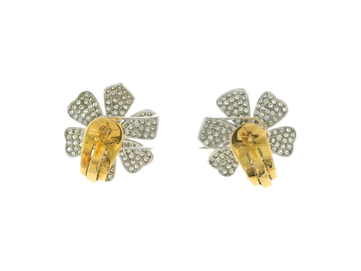 White Gold Flower Pave Ruby Design Earrings with Yellow Gold Clip-On