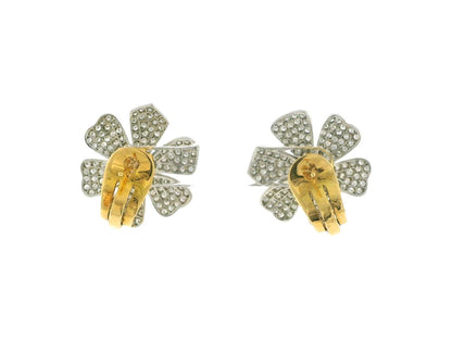 White Gold Flower Pave Ruby Design Earrings with Yellow Gold Clip-On