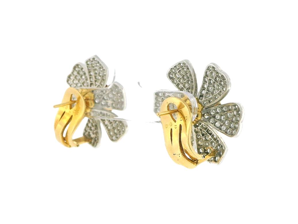 White Gold Flower Pave Ruby Design Earrings with Yellow Gold Clip-On
