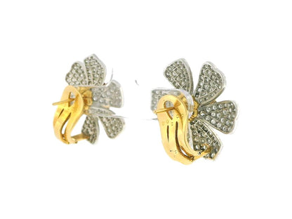 White Gold Flower Pave Ruby Design Earrings with Yellow Gold Clip-On
