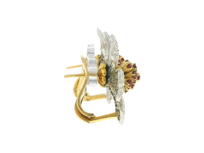 White Gold Flower Pave Ruby Design Earrings with Yellow Gold Clip-On