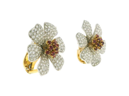 White Gold Flower Pave Ruby Design Earrings with Yellow Gold Clip-On