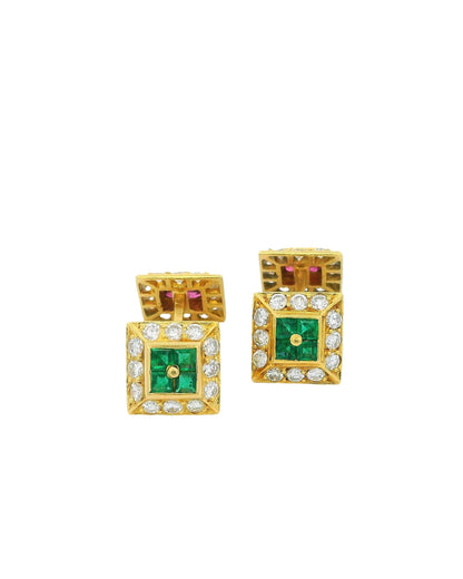 Square Ruby & Emerald W/ Brilliant-Cut Diamonds in Gold Cufflinks