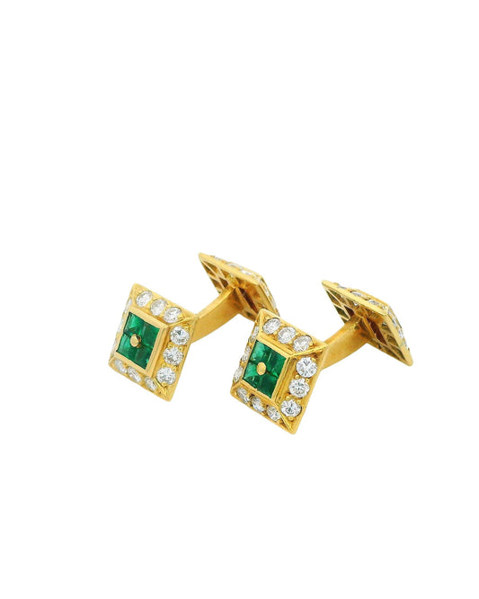 Square Ruby & Emerald W/ Brilliant-Cut Diamonds in Gold Cufflinks