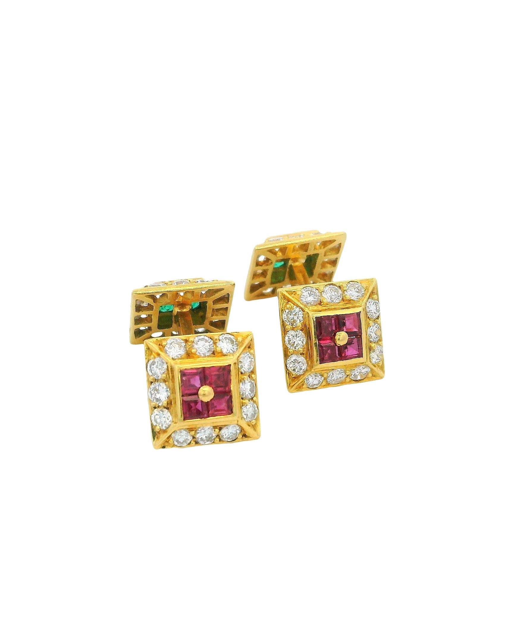 Square Ruby & Emerald W/ Brilliant-Cut Diamonds in Gold Cufflinks