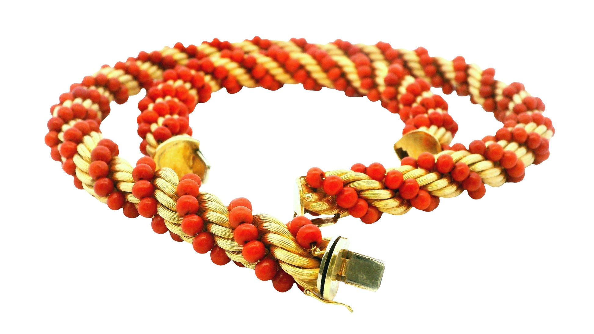 Exquisite Coral and Gold Torsade Necklace & Bracelet Set in 18K Yellow Gold