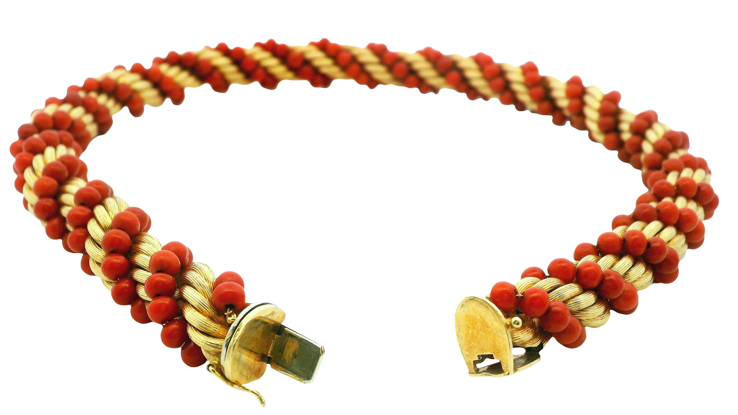 Exquisite Coral and Gold Torsade Necklace & Bracelet Set in 18K Yellow Gold