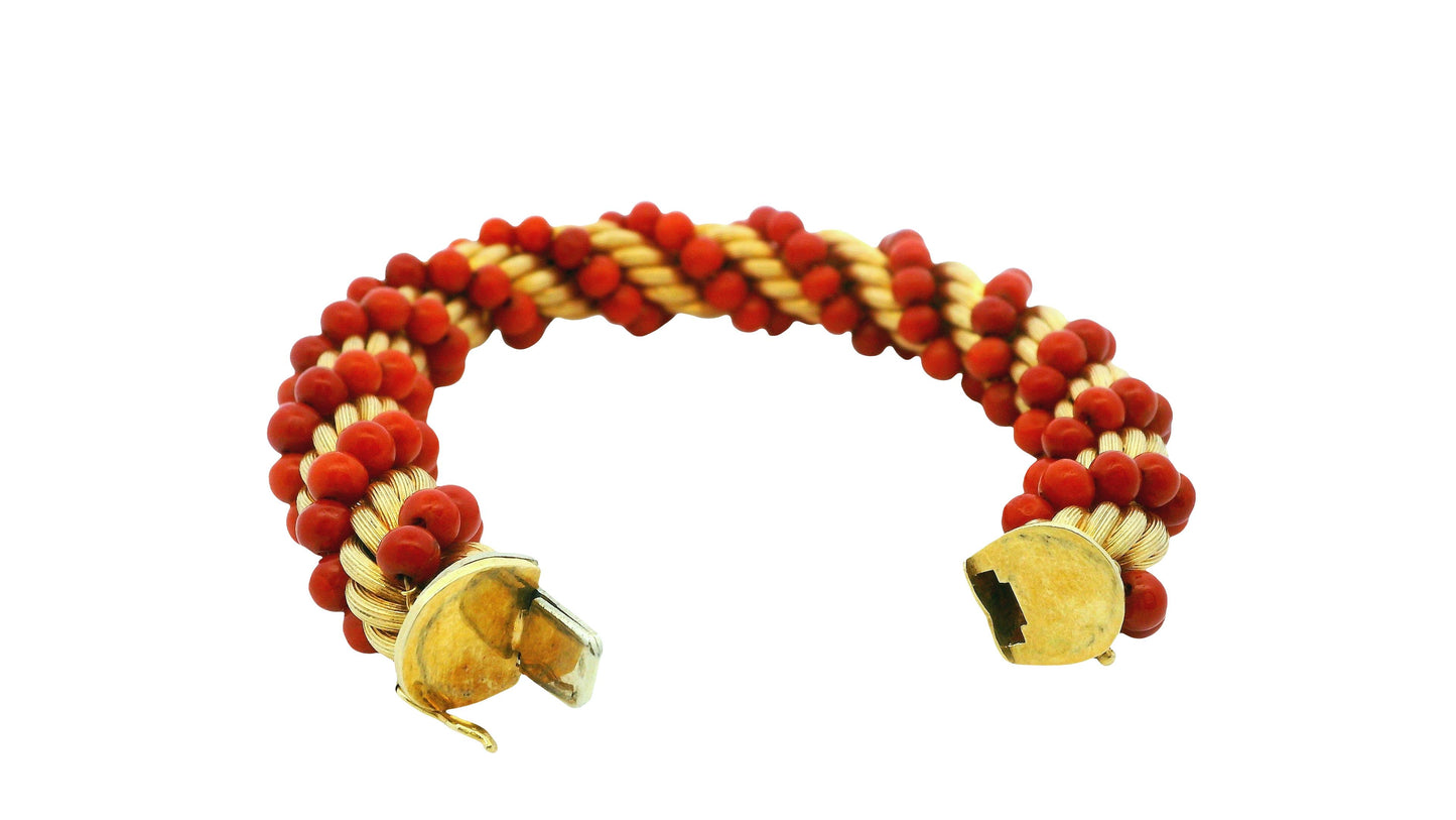 Exquisite Coral and Gold Torsade Necklace & Bracelet Set in 18K Yellow Gold