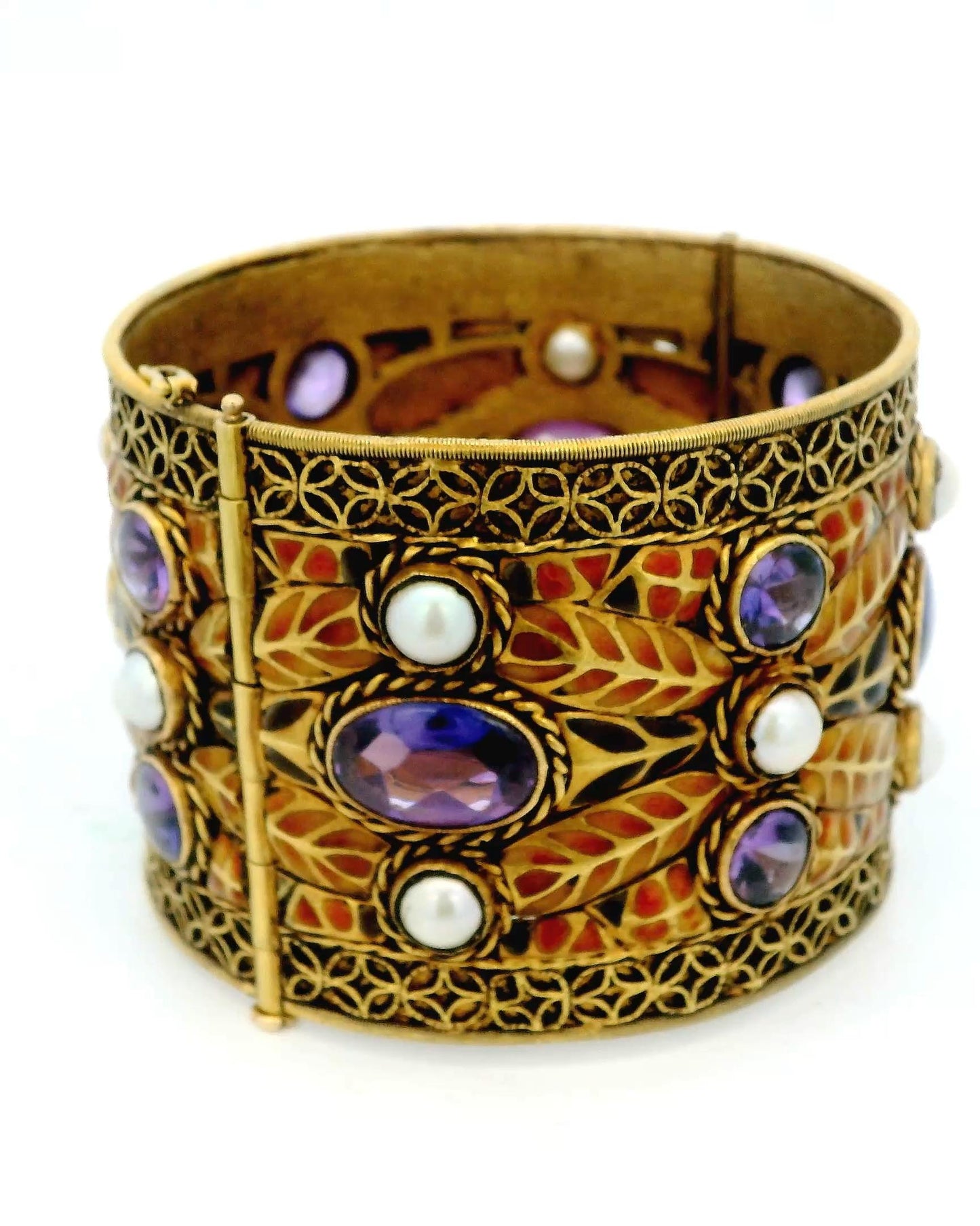 18k Yellow Gold Bangle Plique a Jour Amethyst Cabochons & Pearls