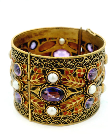 18k Yellow Gold Bangle Plique a Jour Amethyst Cabochons & Pearls