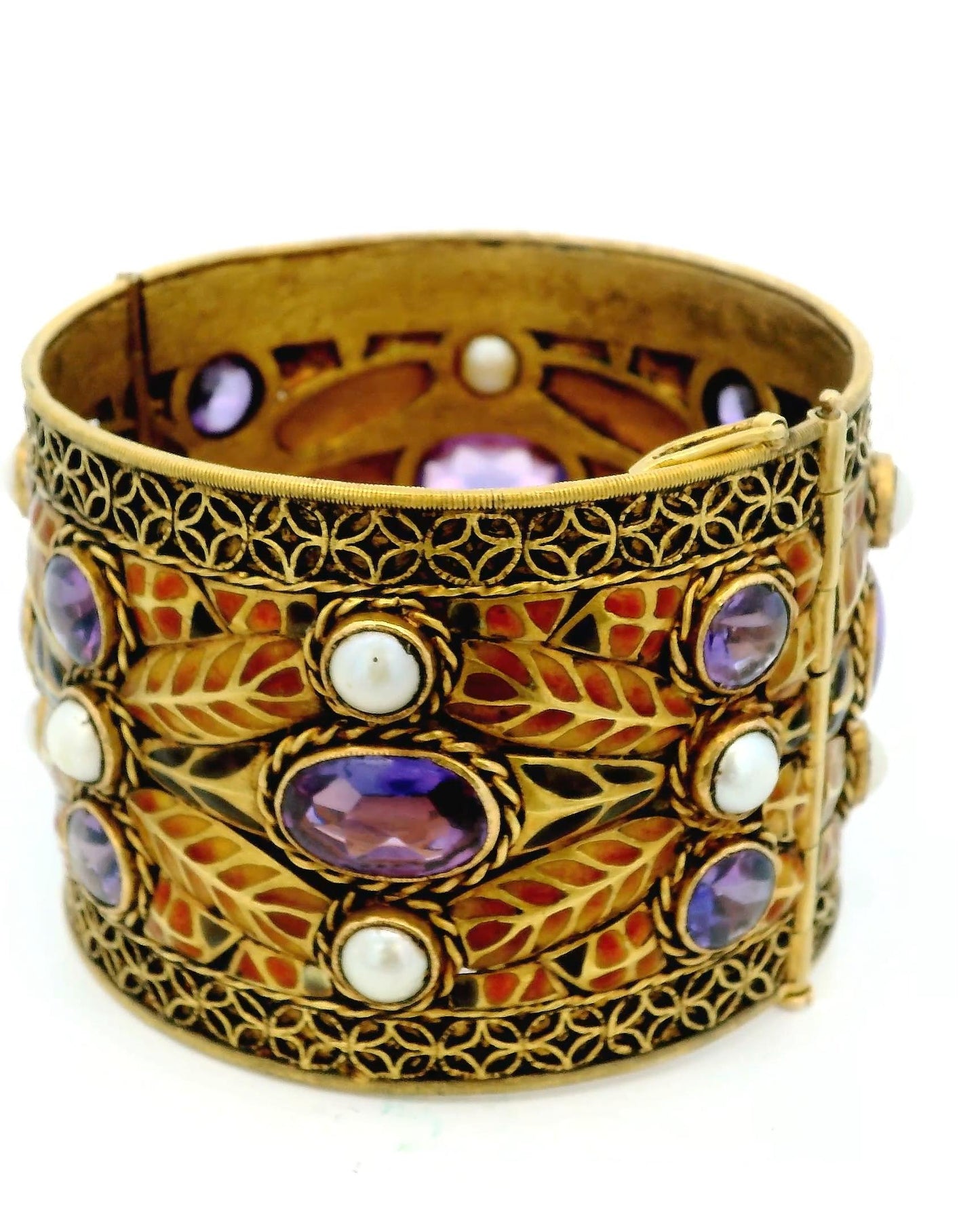 18k Yellow Gold Bangle Plique a Jour Amethyst Cabochons & Pearls