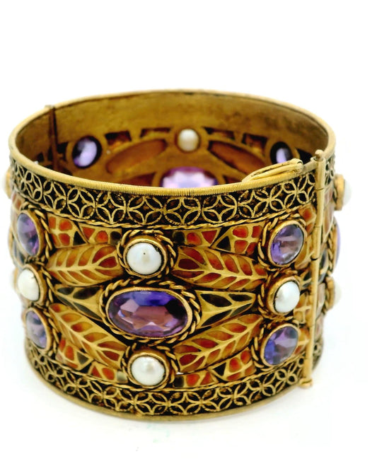 18k Yellow Gold Bangle Plique a Jour Amethyst Cabochons & Pearls