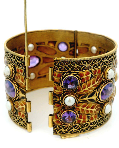 18k Yellow Gold Bangle Plique a Jour Amethyst Cabochons & Pearls