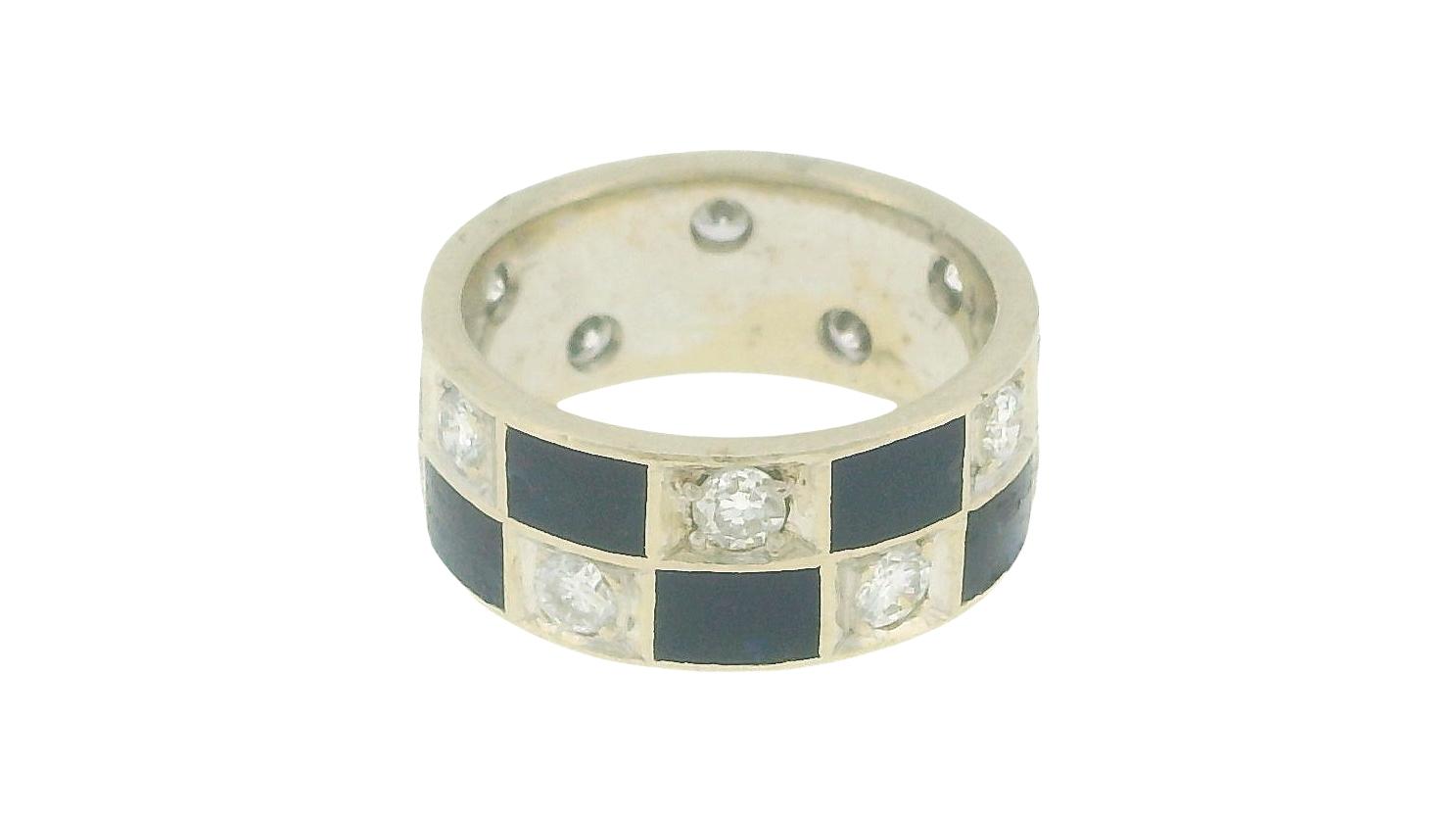 Blue Enamel & Diamond In White Gold Ring