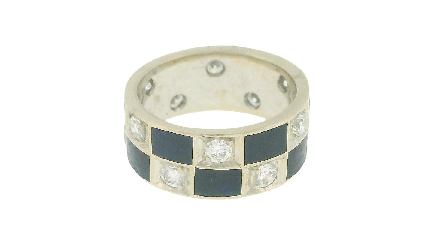 Blue Enamel & Diamond In White Gold Ring