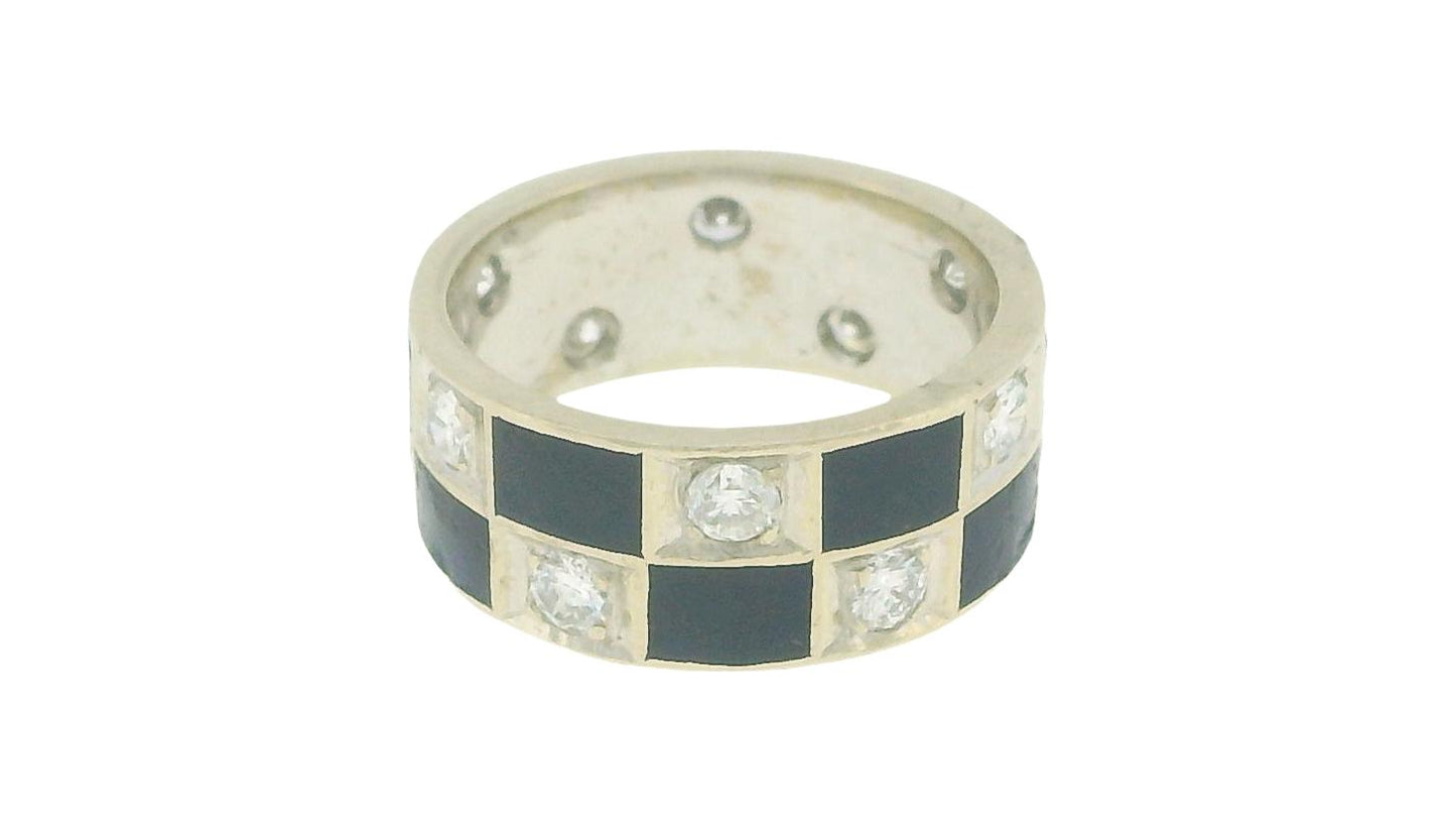 Blue Enamel & Diamond In White Gold Ring