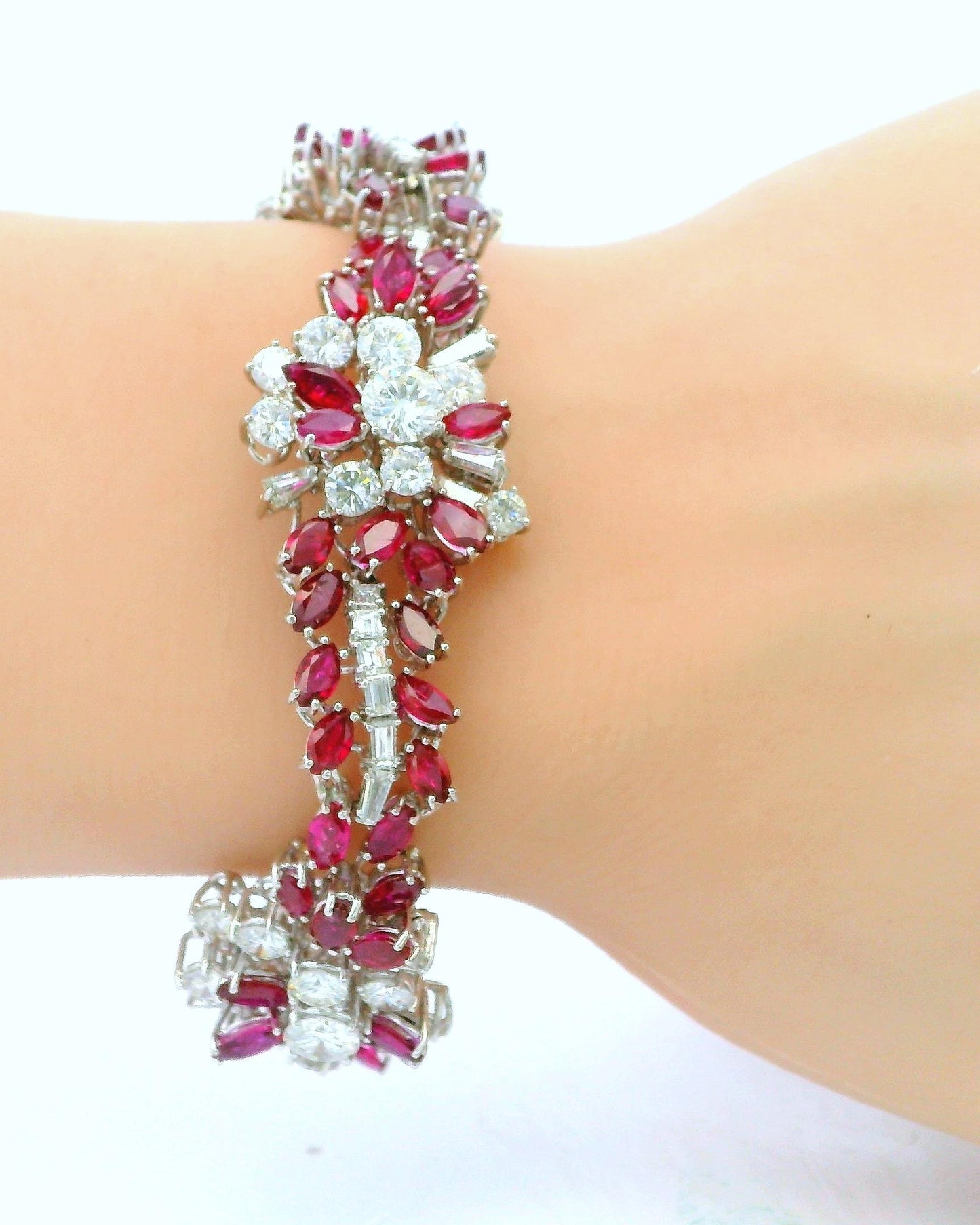 18K White Gold & 14ct Diamond and 19ct Rubies Midcentury Bracelet