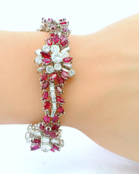18K White Gold & 14ct Diamond and 19ct Rubies Midcentury Bracelet