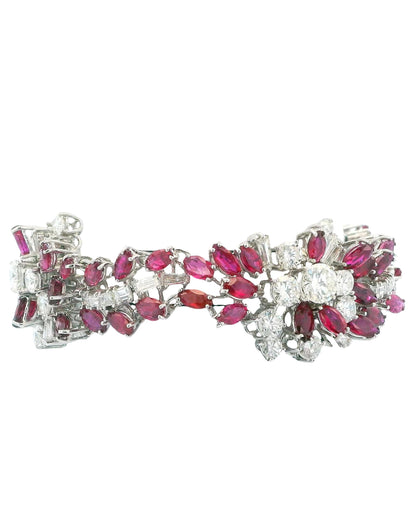 18K White Gold & 14ct Diamond and 19ct Rubies Midcentury Bracelet