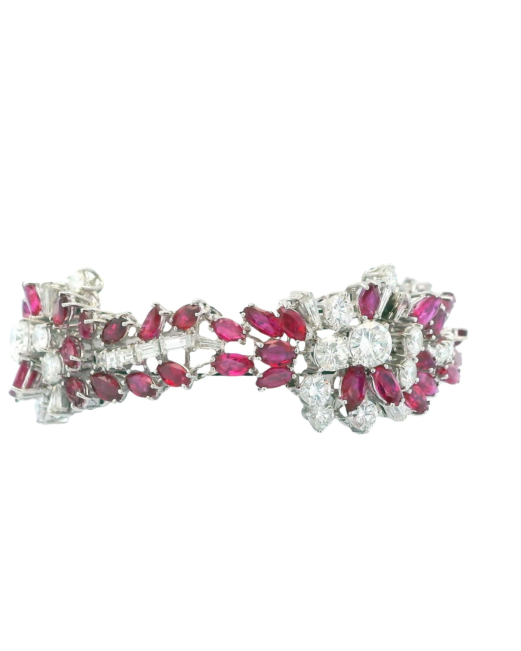 18K White Gold & 14ct Diamond and 19ct Rubies Midcentury Bracelet