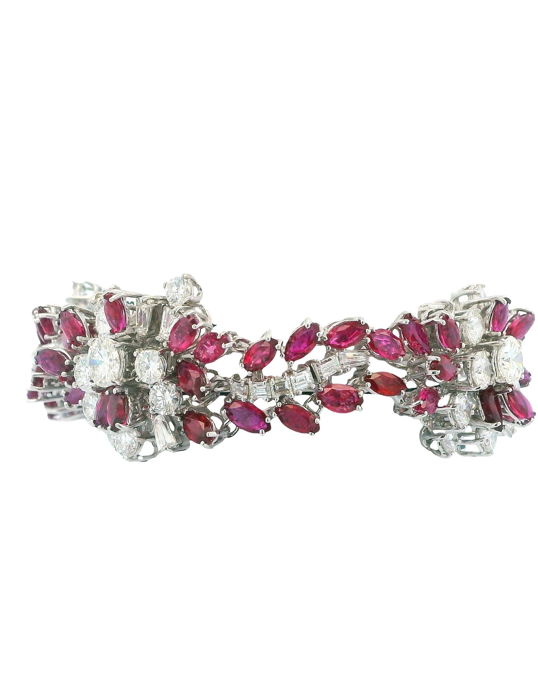18K White Gold & 14ct Diamond and 19ct Rubies Midcentury Bracelet