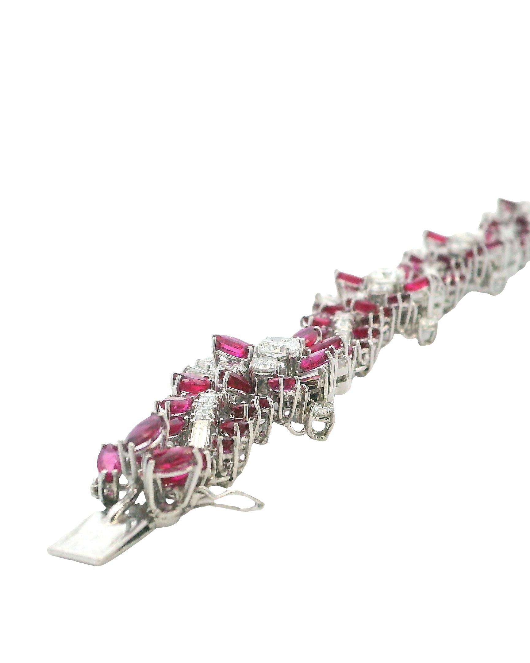 18K White Gold & 14ct Diamond and 19ct Rubies Midcentury Bracelet